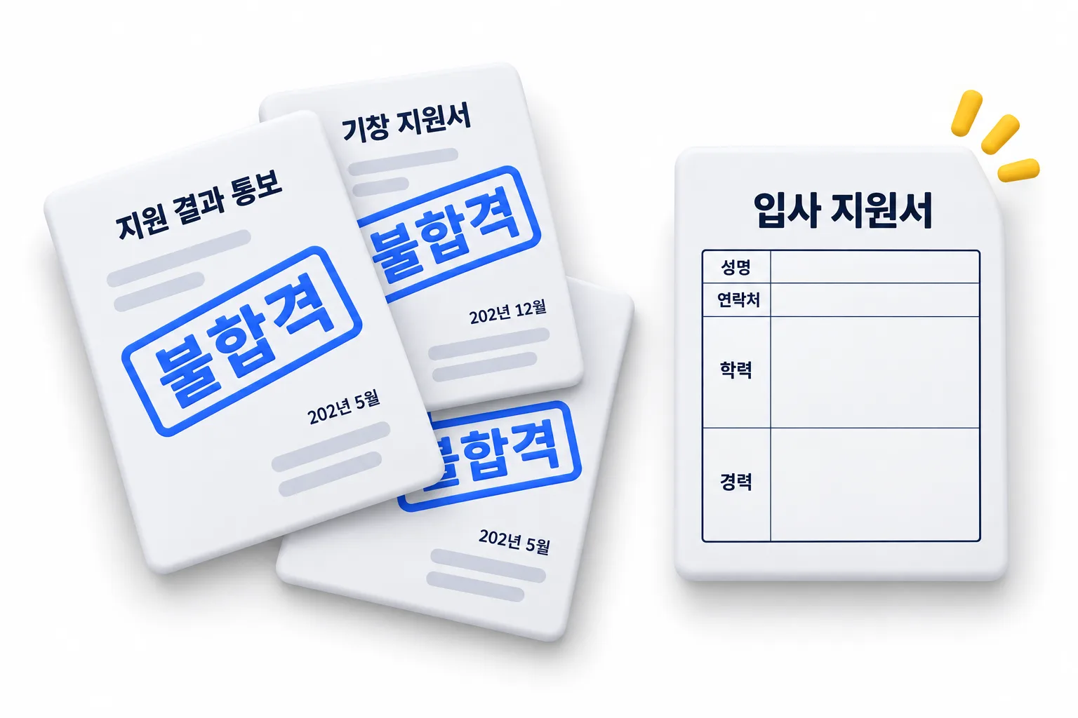 불합격 통지 세 장과 네 번째 빈 지원서