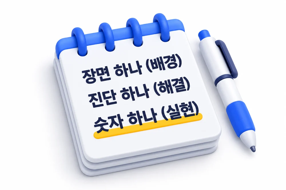 메모장 위에 세 줄, 장면 하나, 진단 하나, 숫자 하나