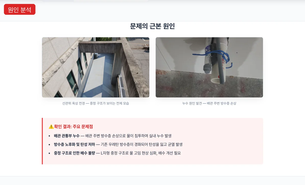 시공 사례, 누수 원인 분석과 하자 진단