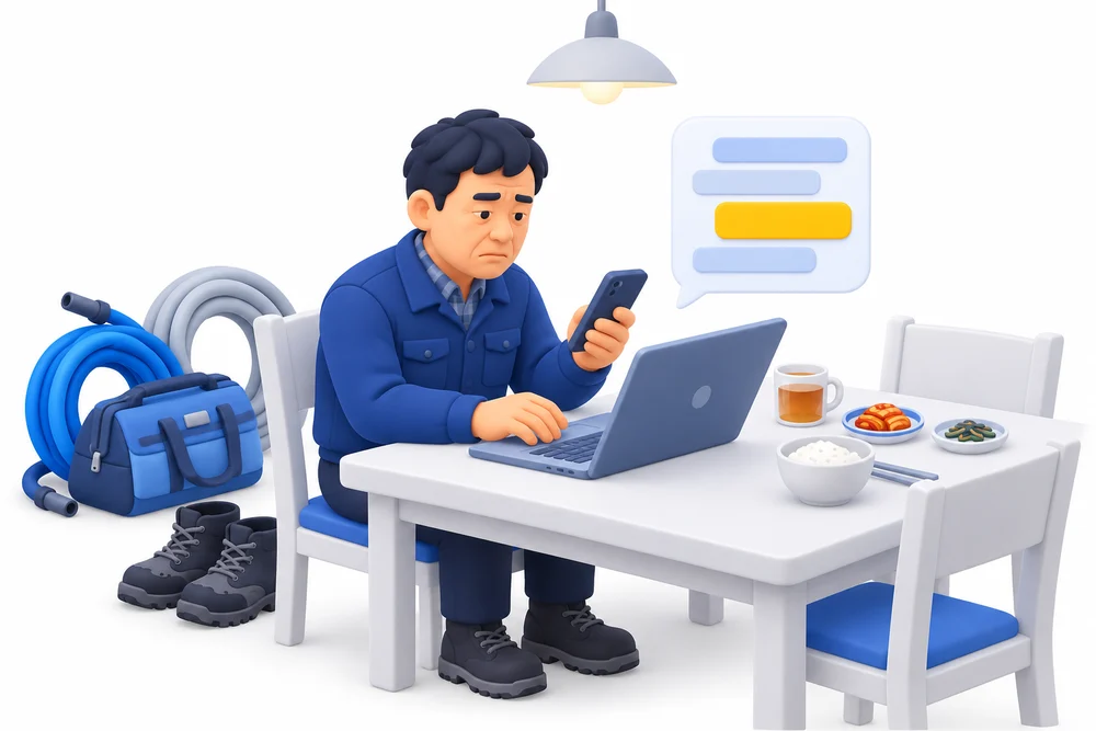 저녁 식탁에서 문의 확인하는 사장님, 밀려난 저녁