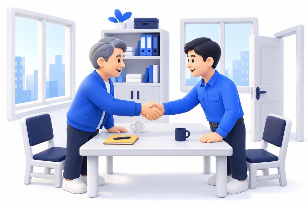 일어서는 두 사람, 악수, 오후 햇살