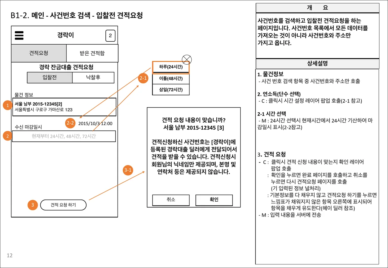 스토리보드 B1-2 입찰전 견적요청: 수신 마감일시 선택과 확인 팝업