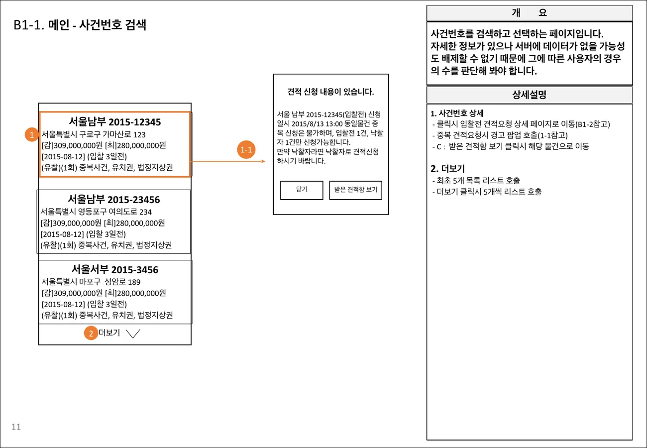스토리보드 B1-1 사건번호 검색 결과 목록