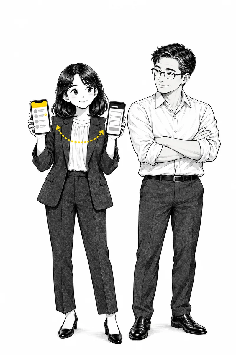 양손에 화면이 다른 휴대폰 두 대를 든 PM과 팔짱을 낀 대표
