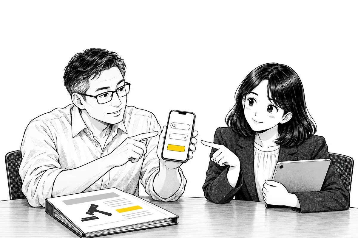검색창과 연도 선택이 있는 휴대폰을 든 대표와 경매 서류철, 휴대폰을 가리키는 PM
