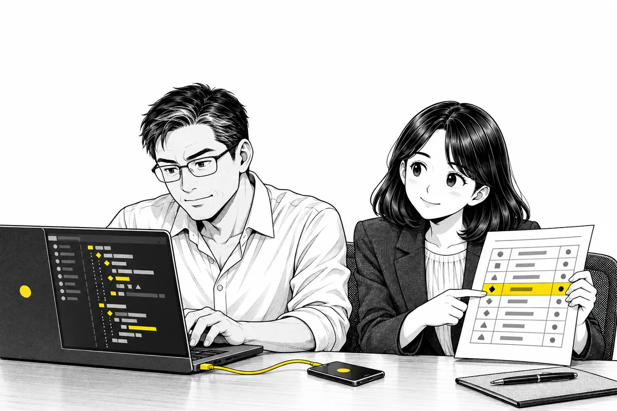 서버 코드를 치는 대표와 API 규약 표를 든 PM, 노란 선으로 이어진 노트북과 휴대폰