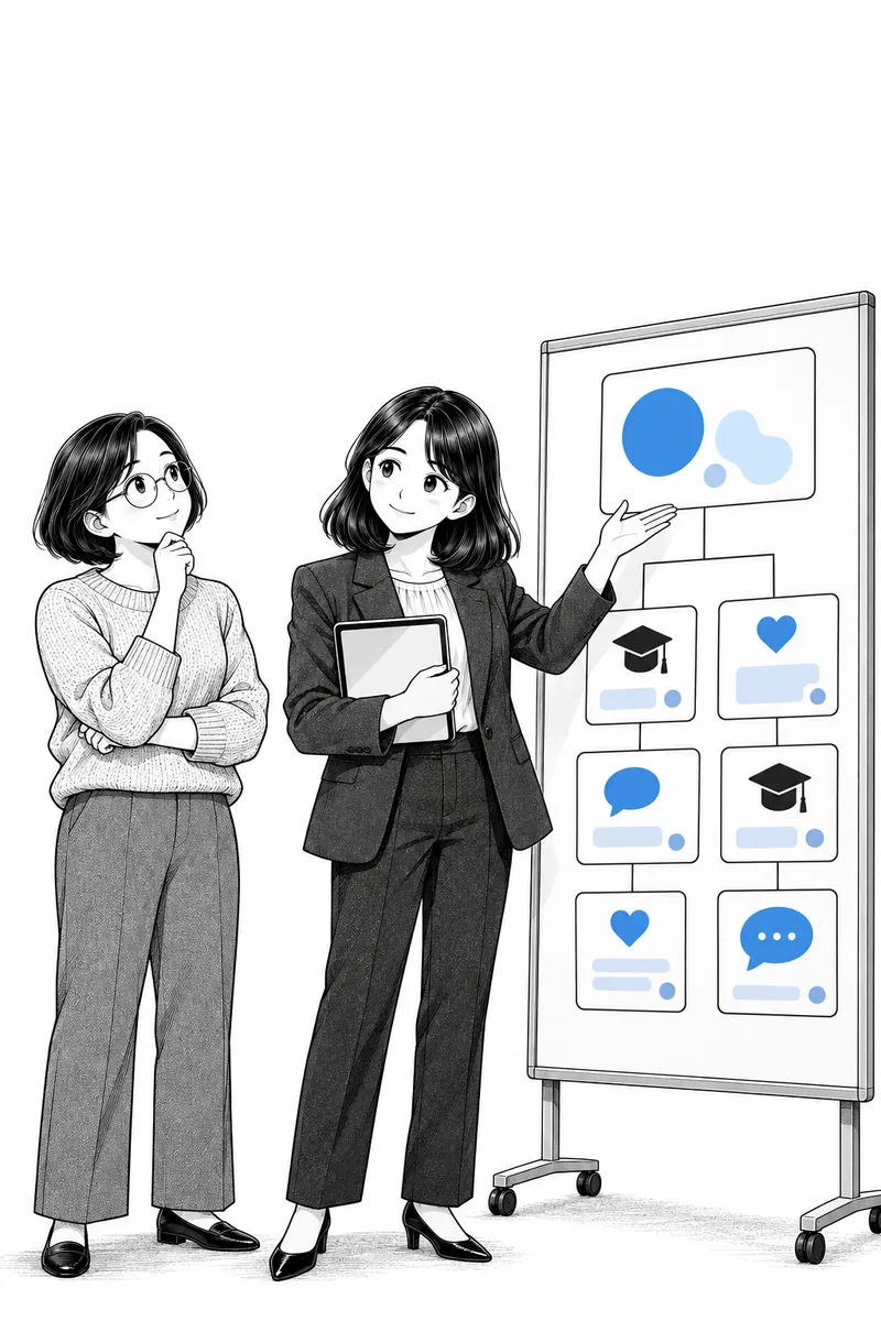 학사모 아이콘 답변 카드와 하트 아이콘 답변 카드가 섞인 판 앞의 PM과 대표