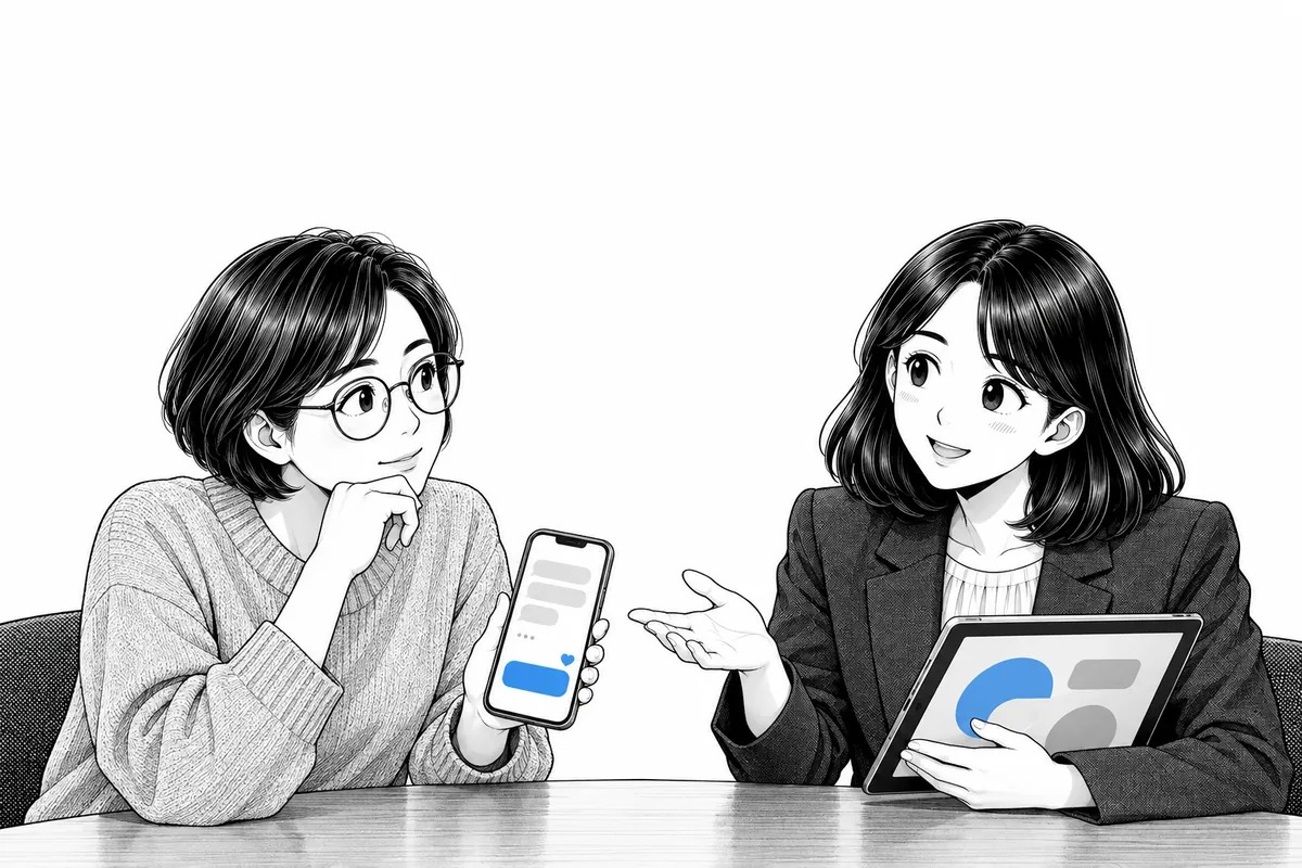 지난 말풍선이 점으로 흩어지고 파란 말풍선 하나만 남은 휴대폰을 든 대표와 설명하는 PM