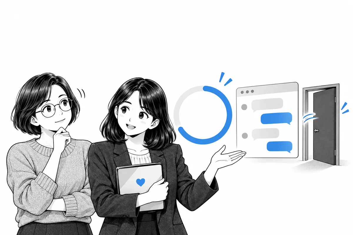 파란 원형 타이머와 문이 닫히는 대화방 그림 앞의 PM과 대표
