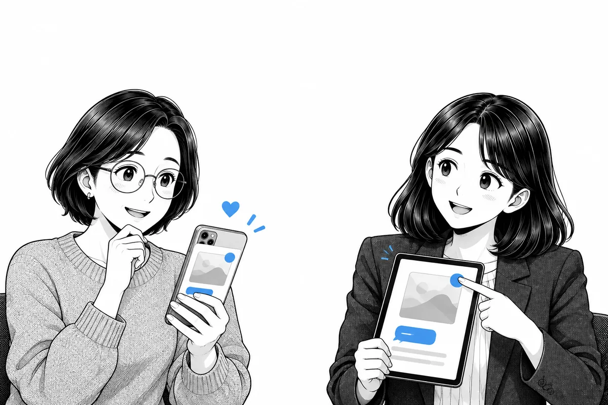 글 카드 오른쪽 위에 파란 도장이 찍힌 휴대폰을 보며 안도하는 대표