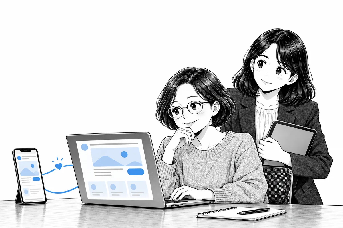 같은 글 화면이 뜬 노트북과 휴대폰이 파란 선으로 이어진 책상 앞의 대표와 PM