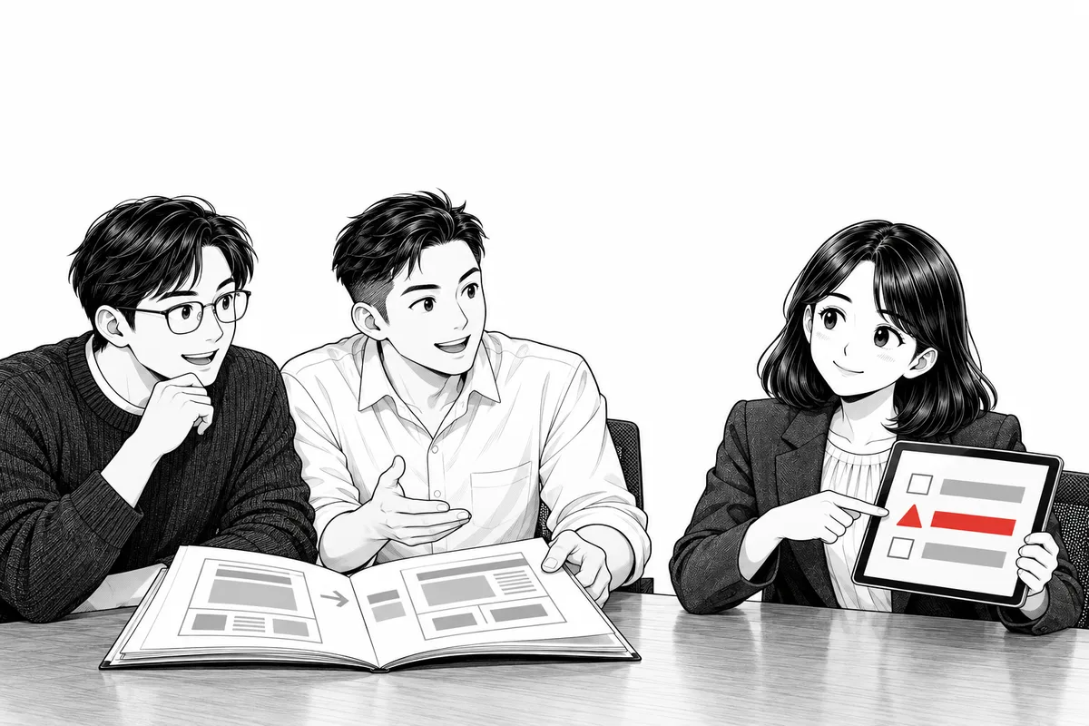 기획서를 펼친 창업팀 두 사람과 위험 항목 목록이 뜬 태블릿을 든 PM