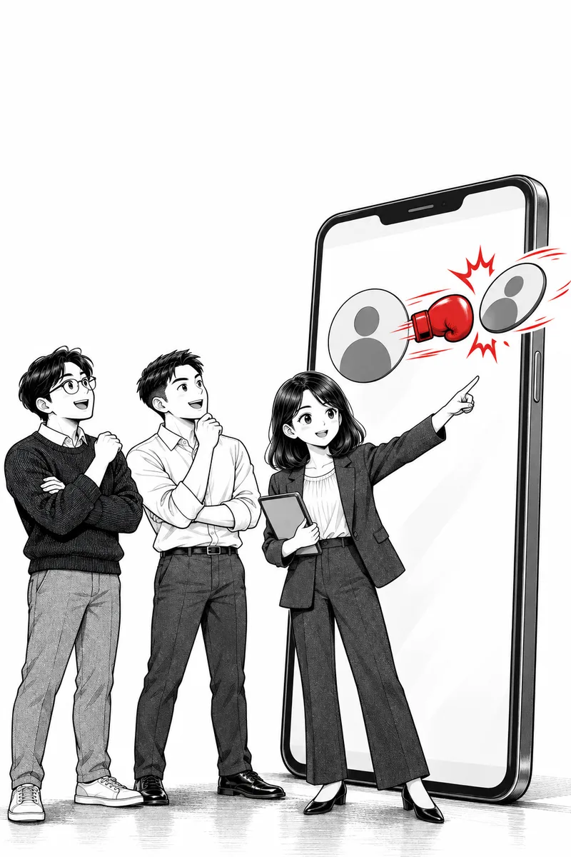 큰 휴대폰 화면에서 프로필 하나가 펀치에 맞은 듯 튕겨 나가는 장면을 가리키는 PM과 올려다보는 창업팀