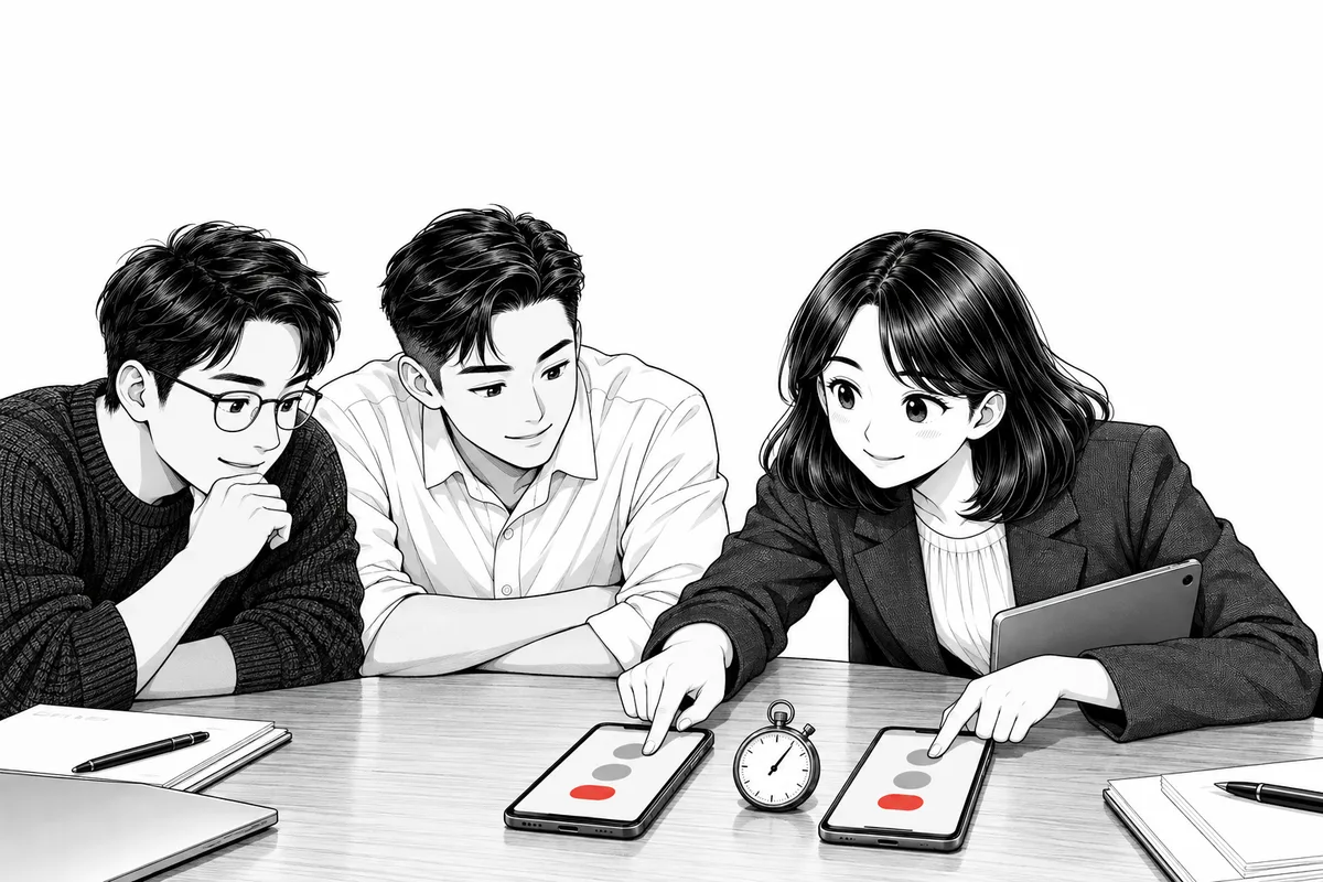 아이폰과 안드로이드 폰을 나란히 놓고 같은 화면을 비교하는 PM과 창업팀