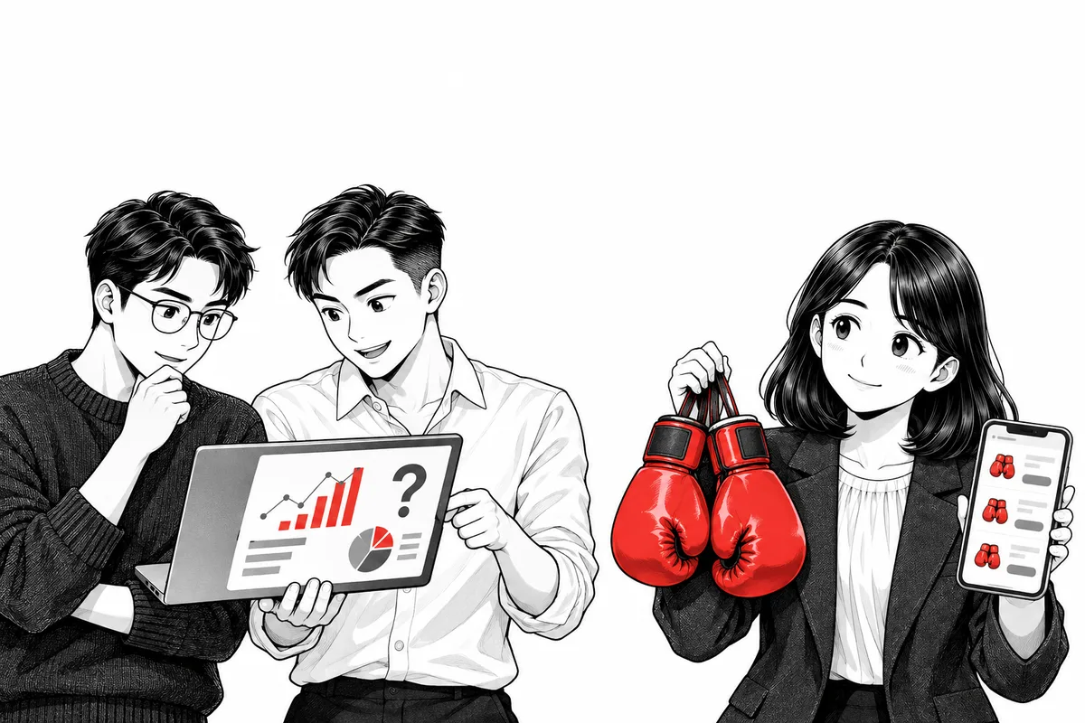 물음표가 뜬 매출 그래프를 보는 창업팀