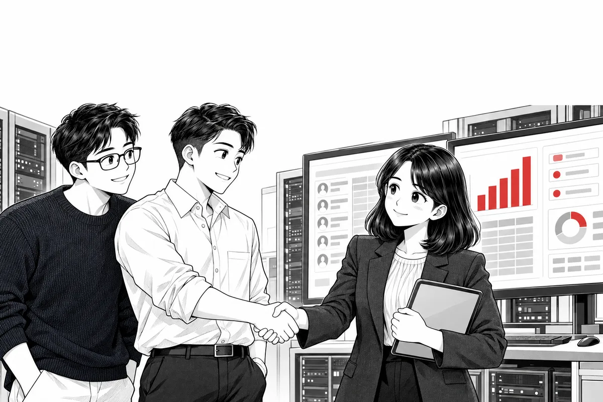 관리자 화면이 뜬 모니터 앞에서 악수하는 PM과 창업팀