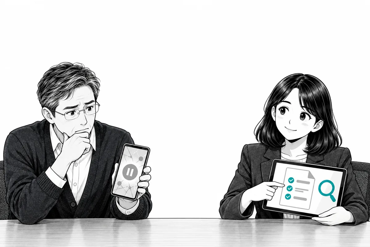 멈춤 표시가 뜬 앱 화면을 든 대표와 소스 파일 점검 목록을 보여 주는 PM