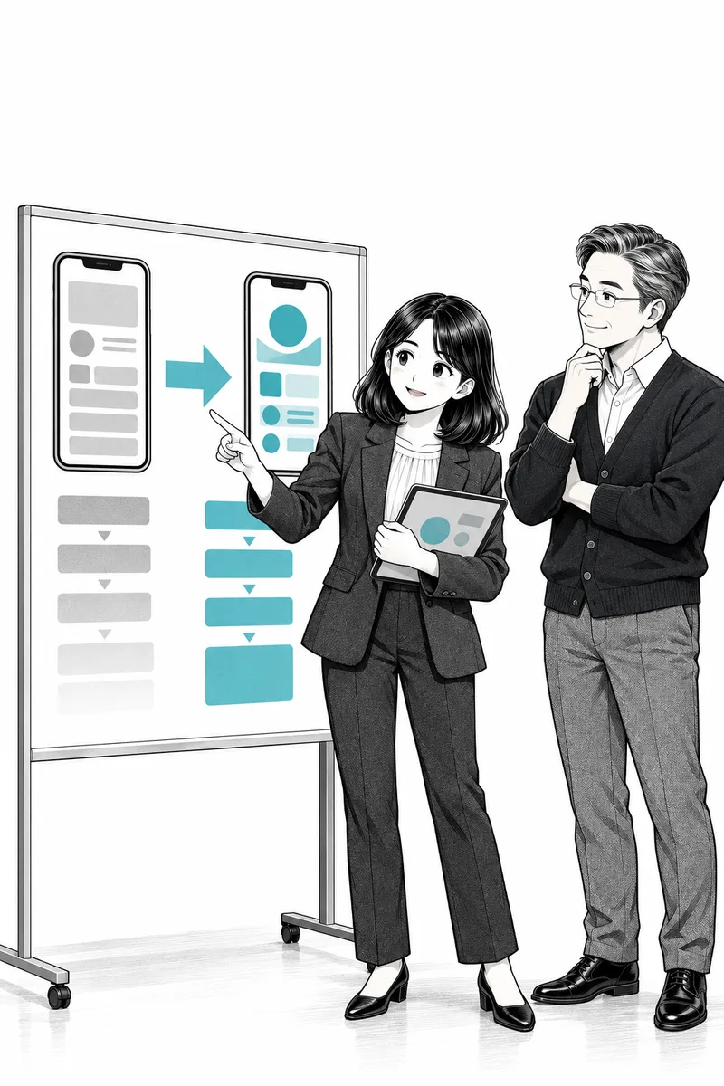 옛 코드 블록에서 새 코드 블록으로 이어지는 큰 화살표를 가리키는 PM과 대표