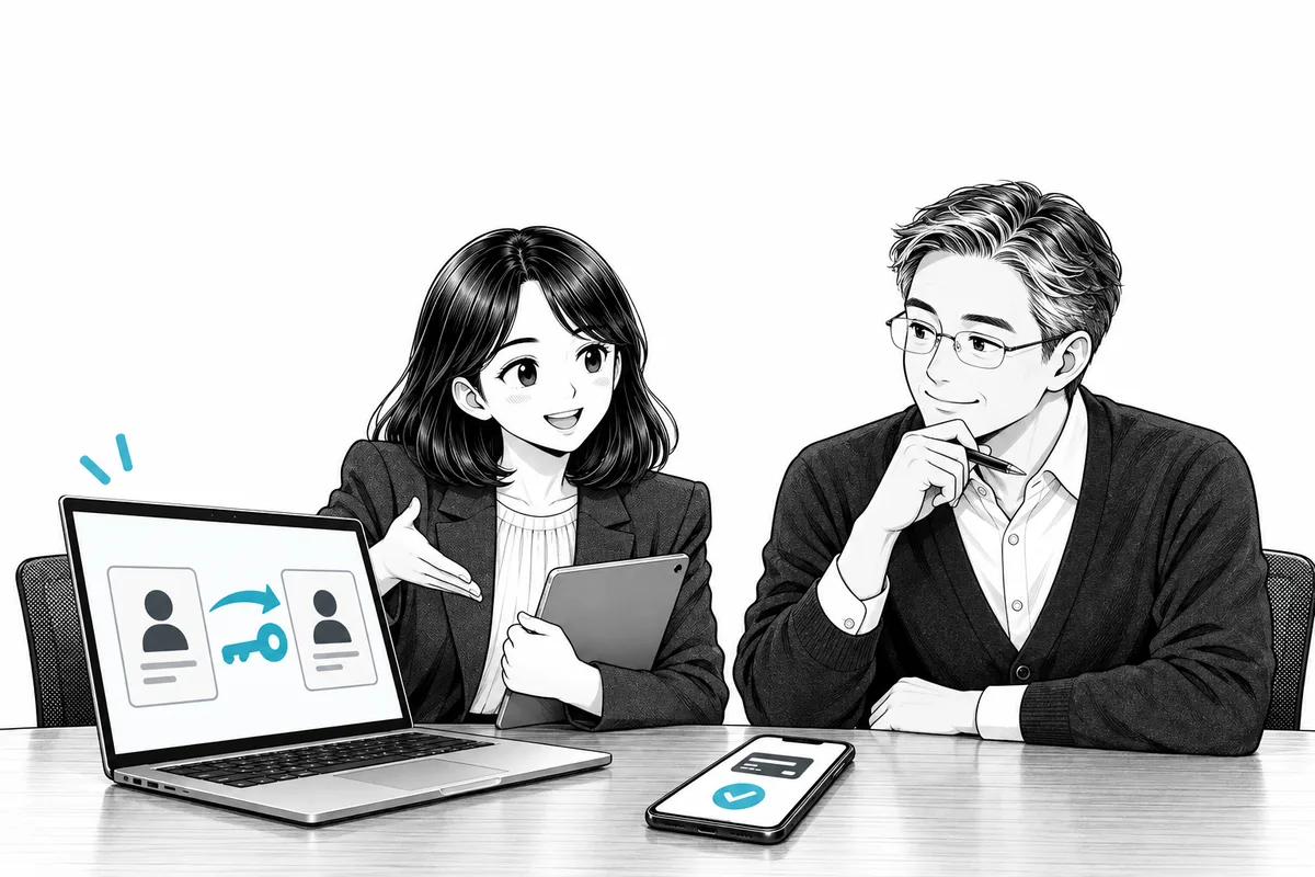결제 화면과 계정 사이로 열쇠가 건네지는 노트북 화면을 가리키는 PM과 웃는 대표