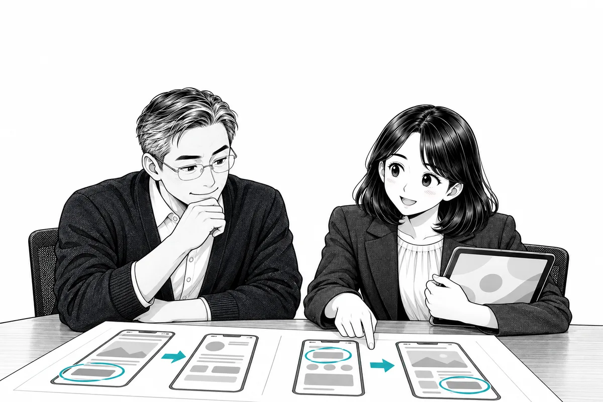 개정 전후 화면 쌍이 그려진 큰 문서를 함께 보는 대표와 PM