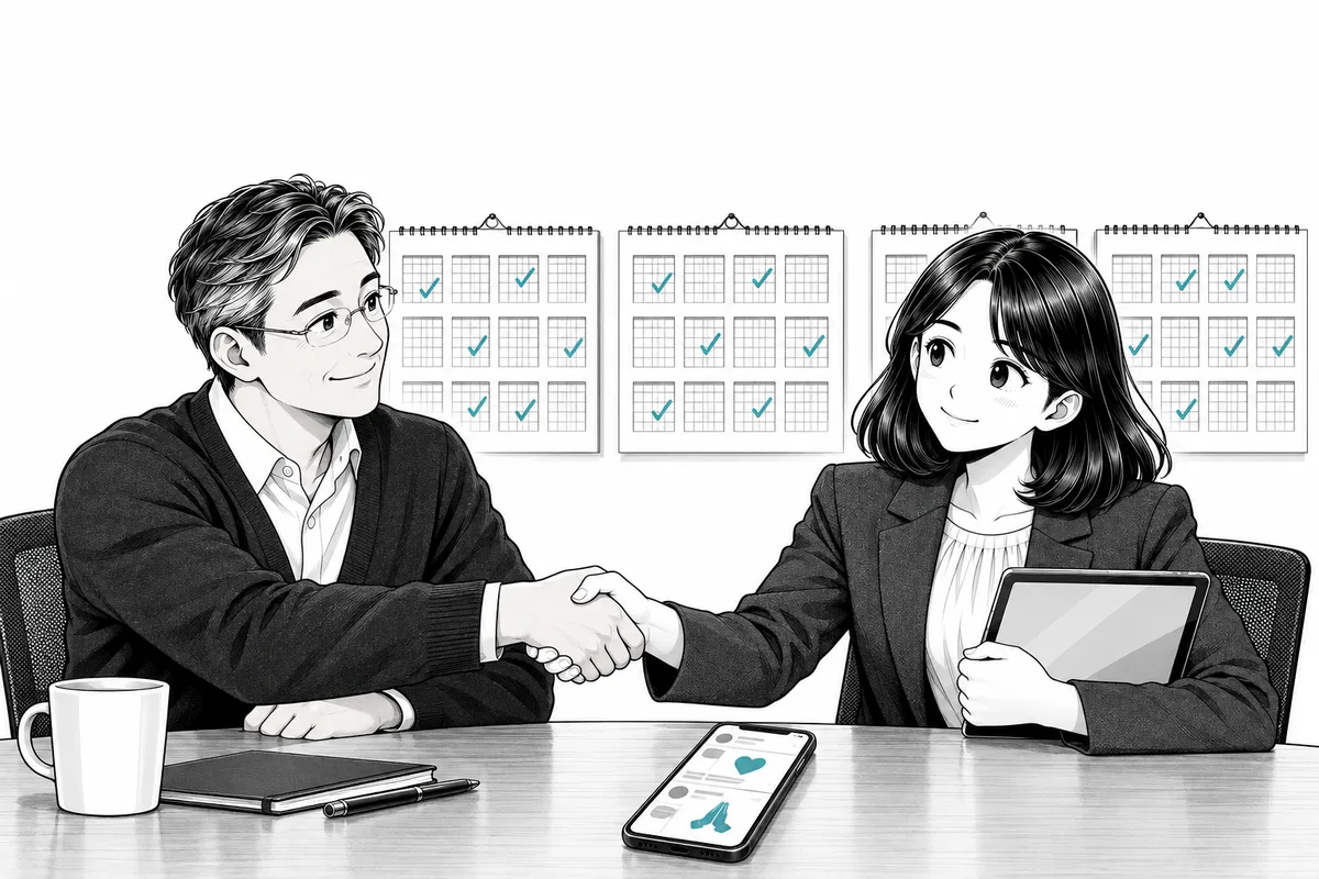 체크 표시가 가득한 세 해 달력 앞에서 악수하는 PM과 대표