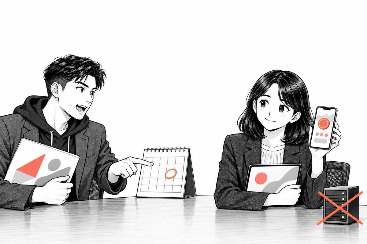 투자 설명 자료를 들고 달력의 날짜를 가리키는 대표