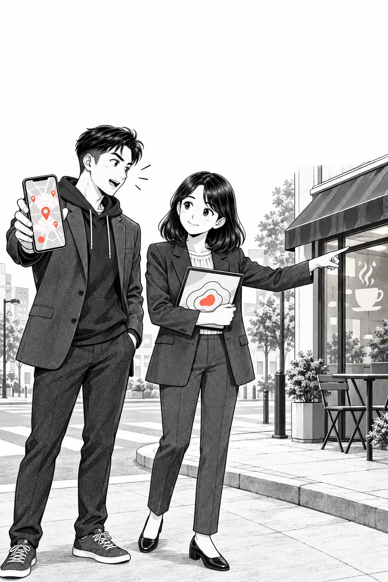 거리별 매장 핀이 뜬 지도 휴대폰을 든 대표와 길 건너 카페를 가리키는 PM