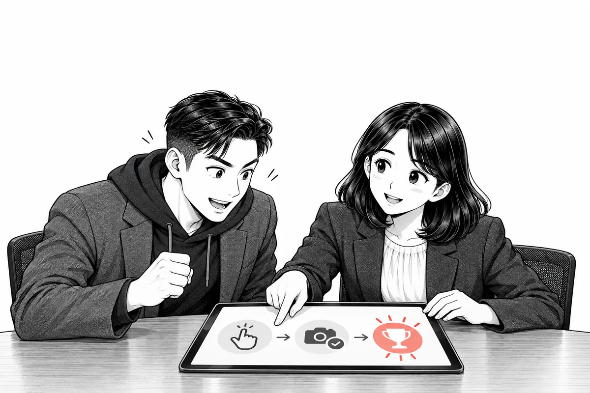 손, 확인, 트로피 세 단계가 그려진 태블릿을 가리키는 PM과 고개를 끄덕이는 대표