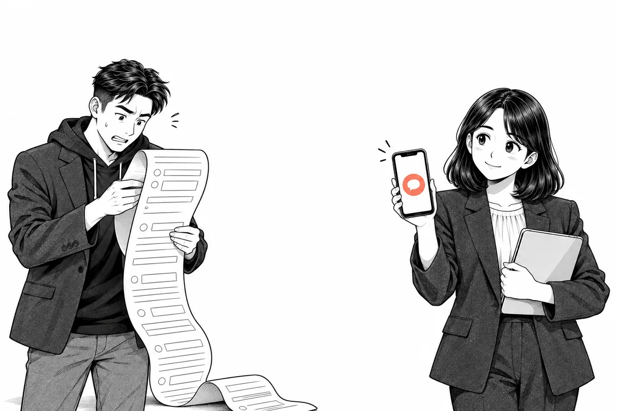 바닥까지 늘어진 긴 가입 양식을 보며 걱정하는 대표