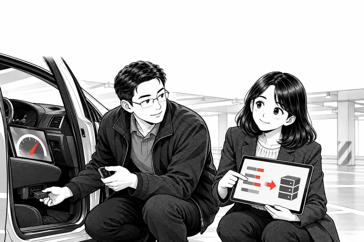 차 운전석 아래에 OBD2 단말을 꽂는 대표와 데이터가 서버로 올라가는 그림을 보여 주는 PM