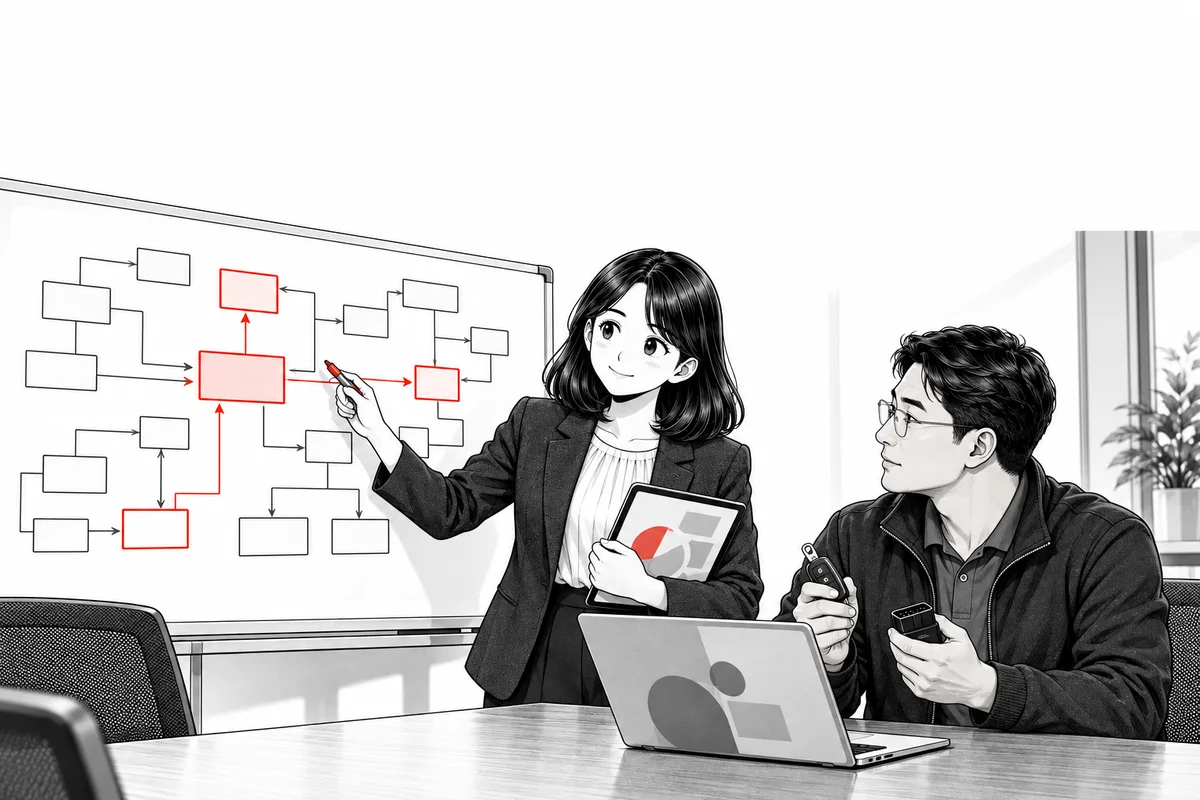 화이트보드에 그린 API 지도를 가리키는 PM과 노트북 앞의 대표
