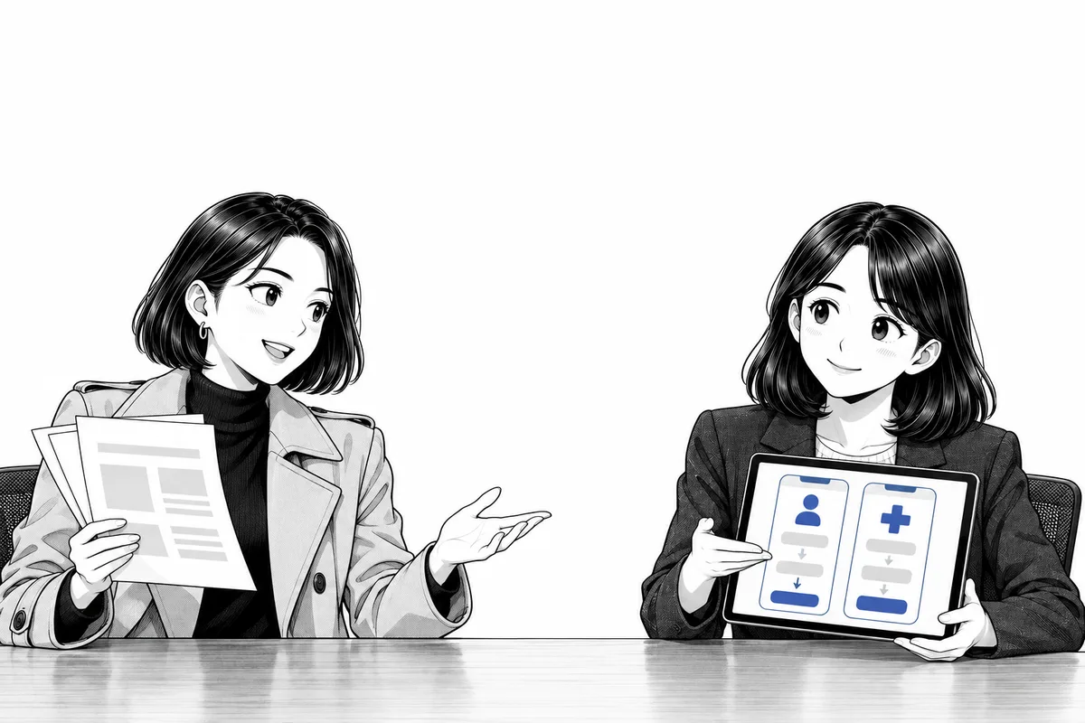 기획 초안 몇 장을 든 대표와 사용자 앱과 병원 앱 두 흐름이 그려진 태블릿을 든 PM