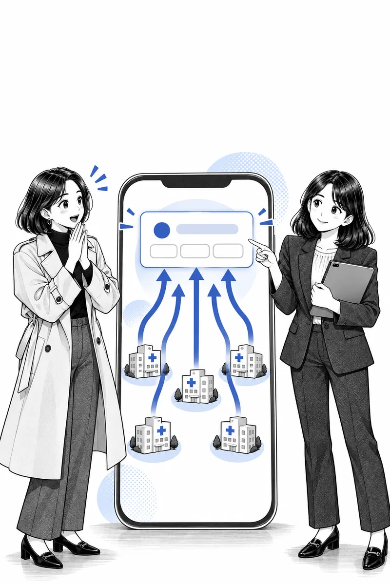 요청서 한 장으로 여러 병원 아이콘에서 화살표가 모여드는 큰 휴대폰 화면 양옆의 대표와 PM