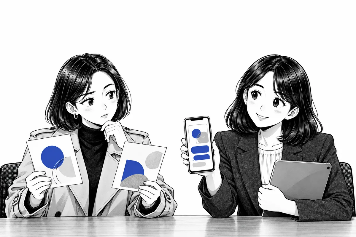 견적 카드 두 장을 들고 고민하는 대표와 상담 채팅 화면을 보여 주는 PM