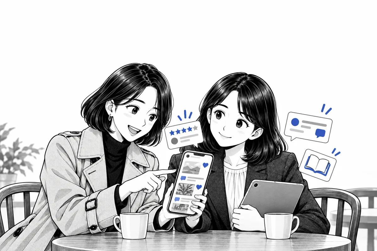 후기와 대화, 백과 아이콘이 떠 있는 커뮤니티 화면을 함께 보는 대표와 PM