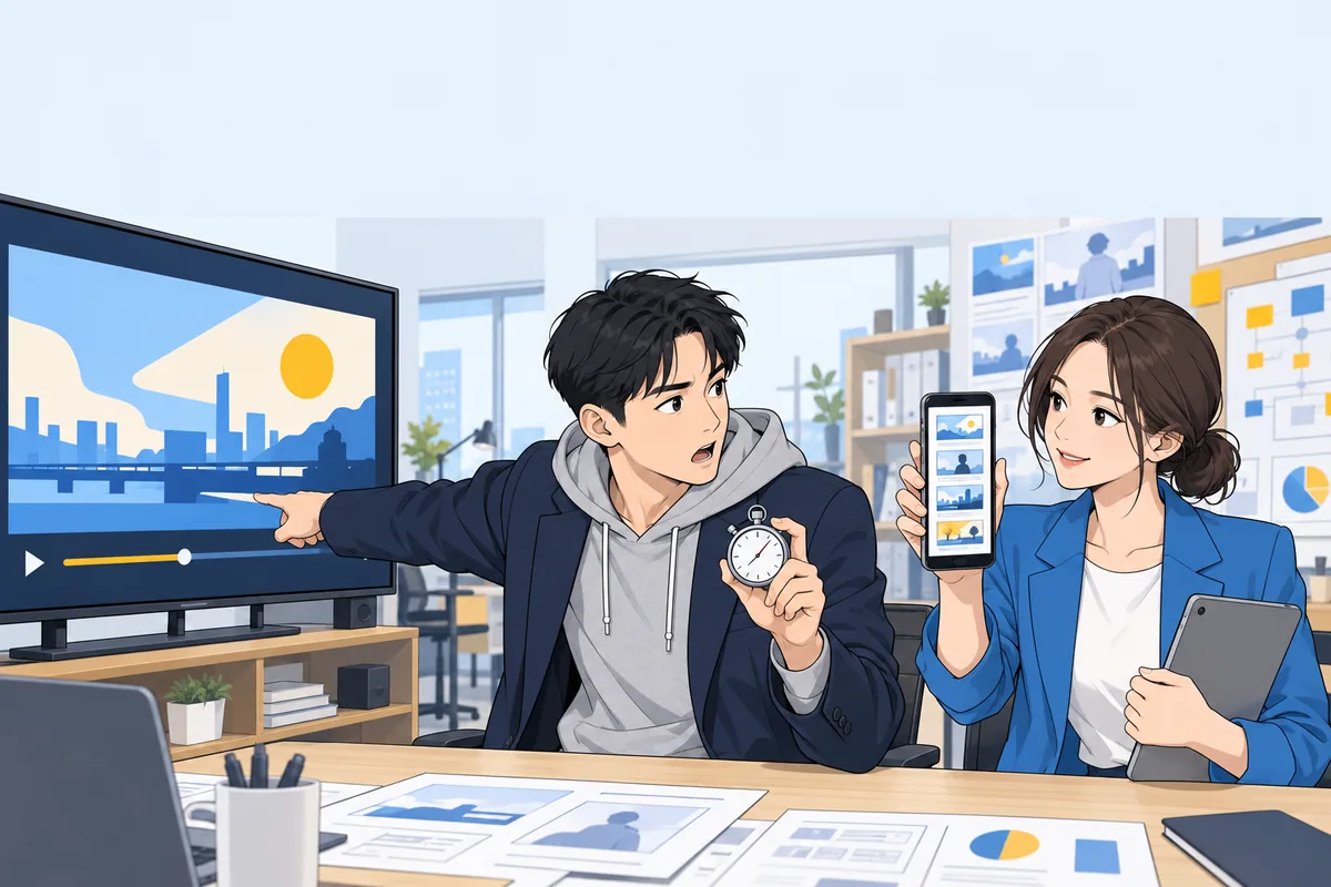 영상 재생 화면 앞 초시계를 든 대표와 세로 배열 장면 캡처 화면을 제시하는 PM