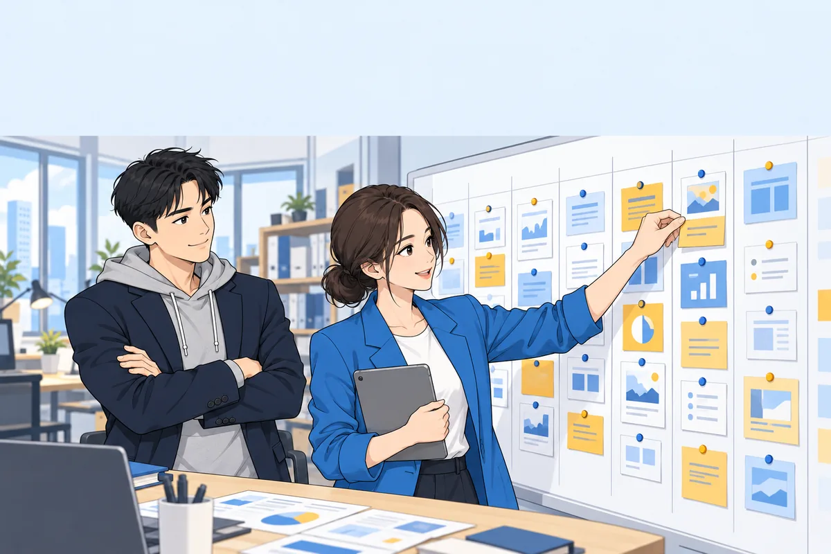 요일별 7개 칸 게시판에 프로그램 카드를 분류 배치하는 PM과 대표