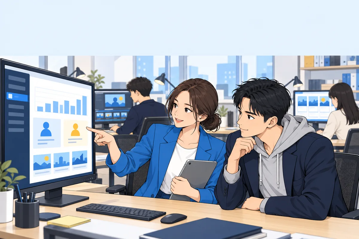 장면 캡처 및 자막 작성 중인 편집자 2명과 관리자 화면을 제시하는 PM, 대표