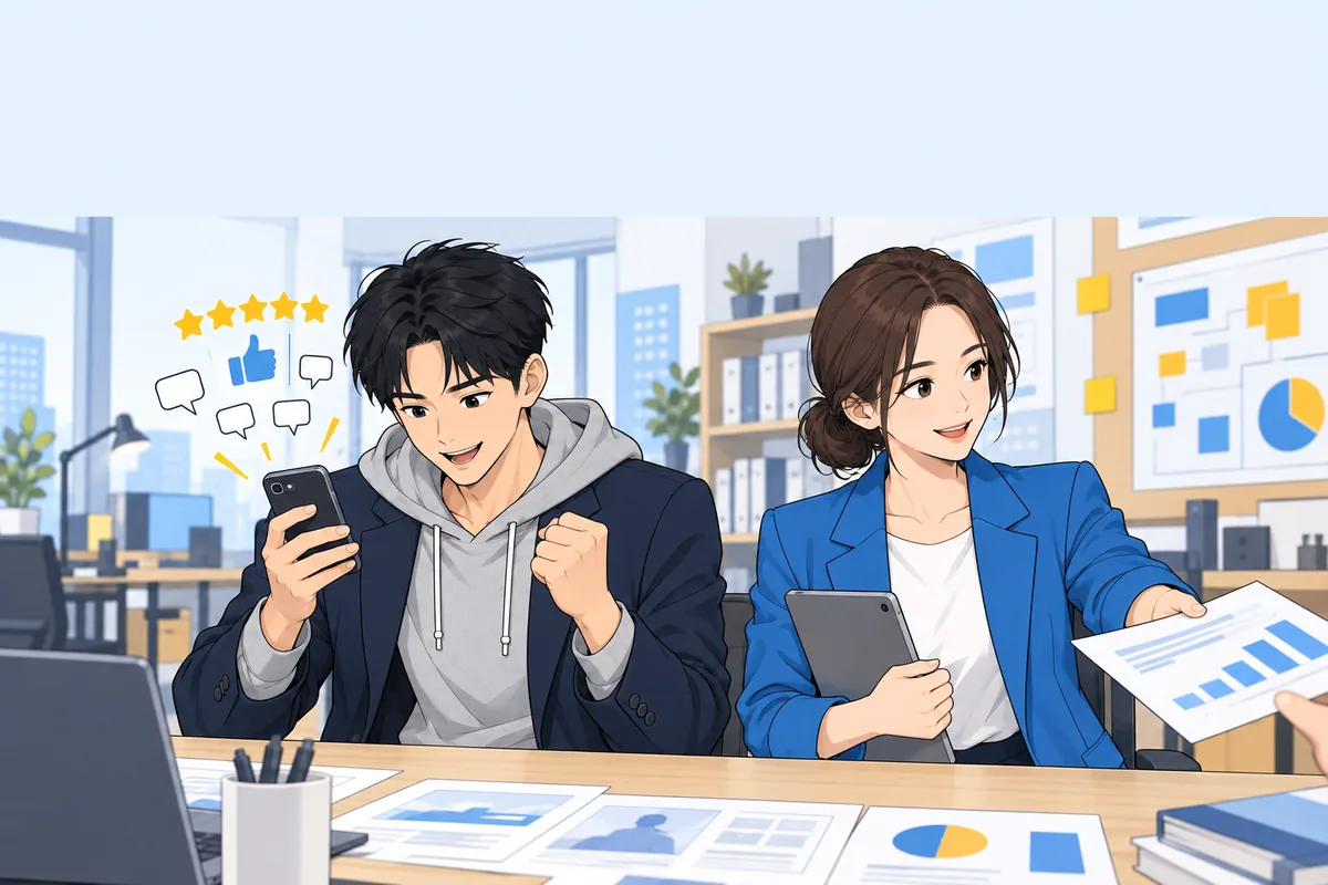 별점 및 추천 아이콘이 표시된 휴대폰을 확인하는 대표와 막대그래프 문서를 든 PM
