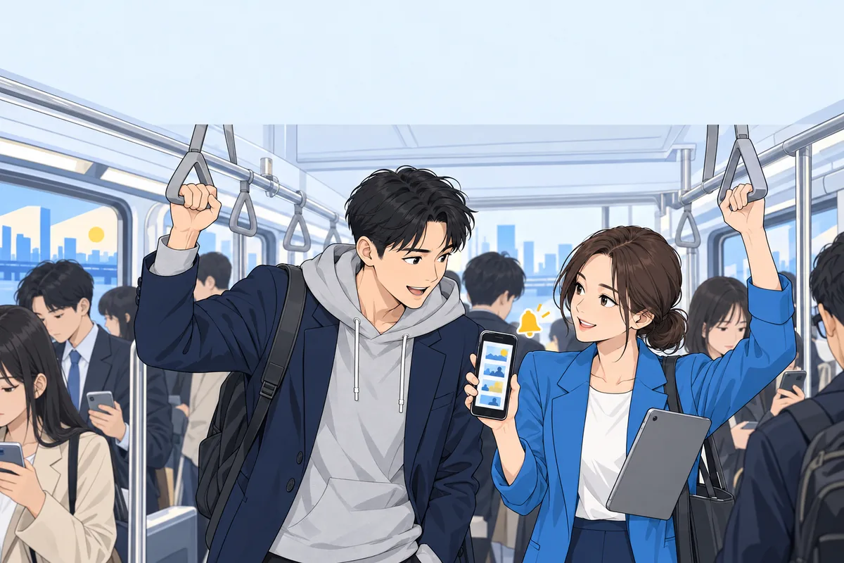 출근 시간대 지하철 내 푸시 알림 수신 화면을 제시하는 PM과 대표