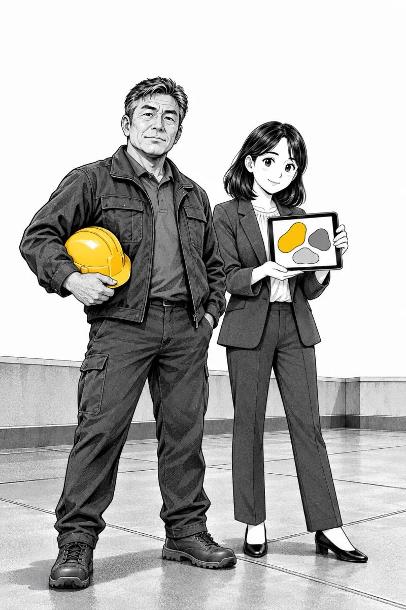 방수를 마친 옥상에서 노란 안전모를 든 대표님과 태블릿을 든 PM