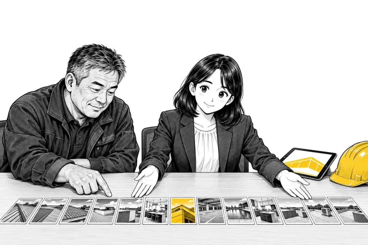 탁자에 시공 유형별 화면 카드 열한 장을 늘어놓고 PM이 설명하고 대표님이 한 장을 가리키는 장면
