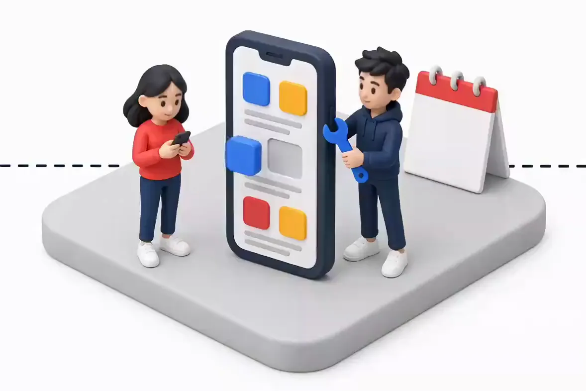 휴대폰 화면을 공구로 고치는 3D 그림