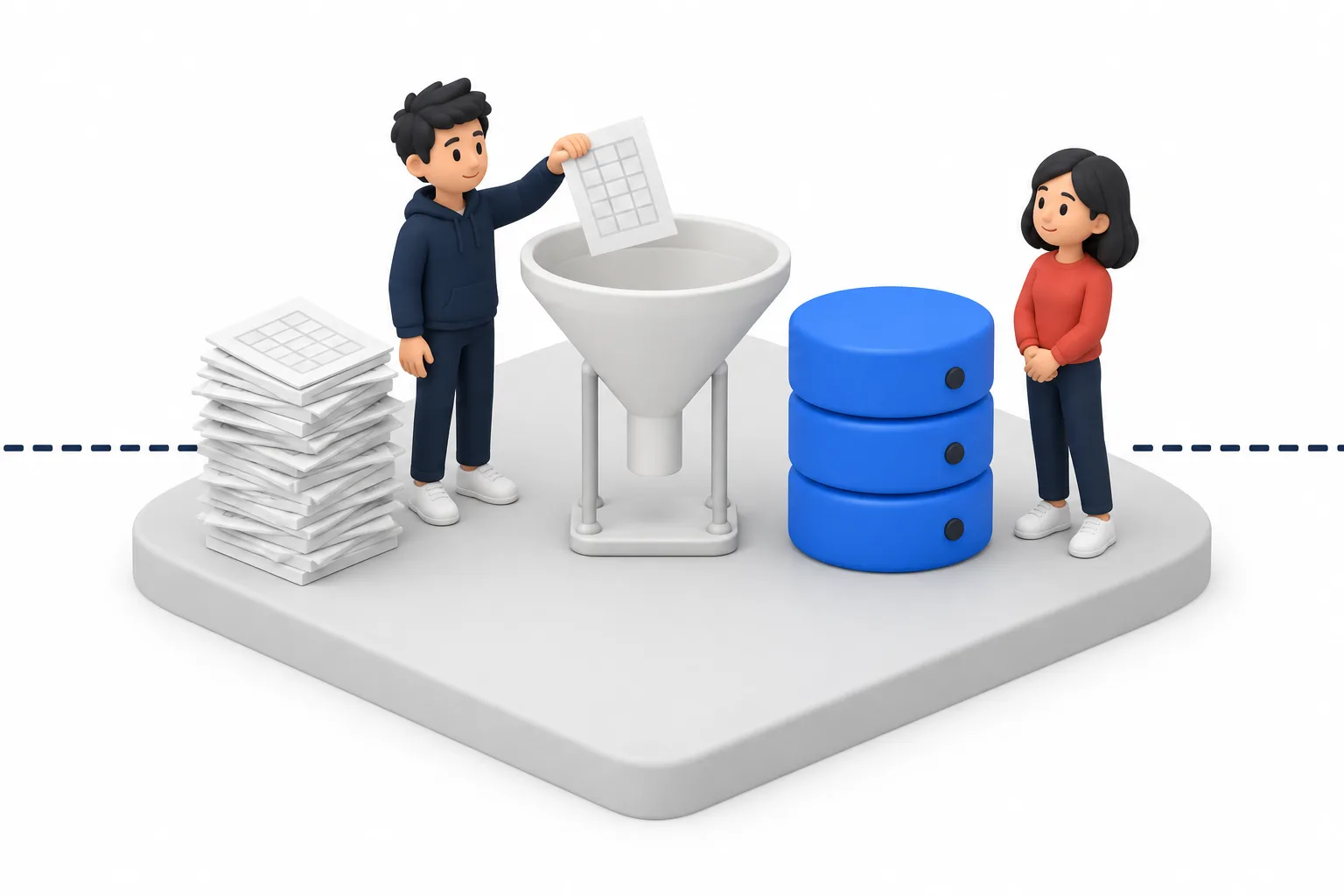 종이 서류가 깔때기를 거쳐 데이터베이스로 옮겨지는 3D 그림
