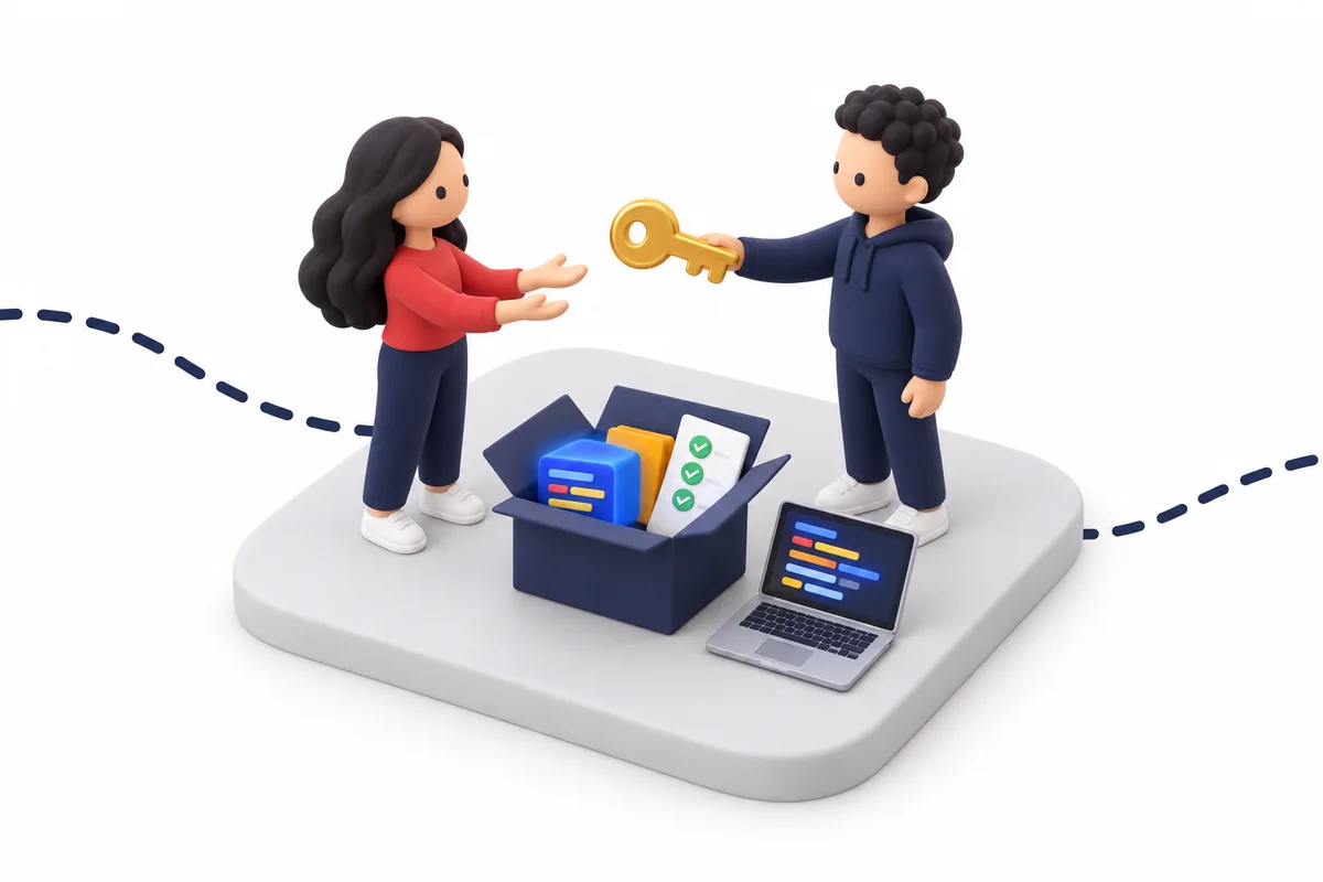 소스코드와 매뉴얼과 테스트 결과서를 담은 상자와 열쇠를 건네는 3D 그림